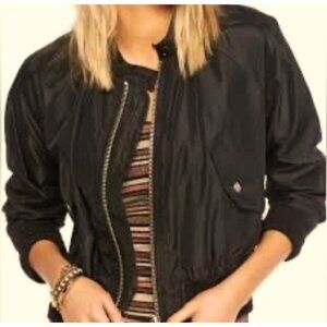 Free People Womens Black Ribbed Cuff Satin Full Zip Midnight Bomber Jacket S